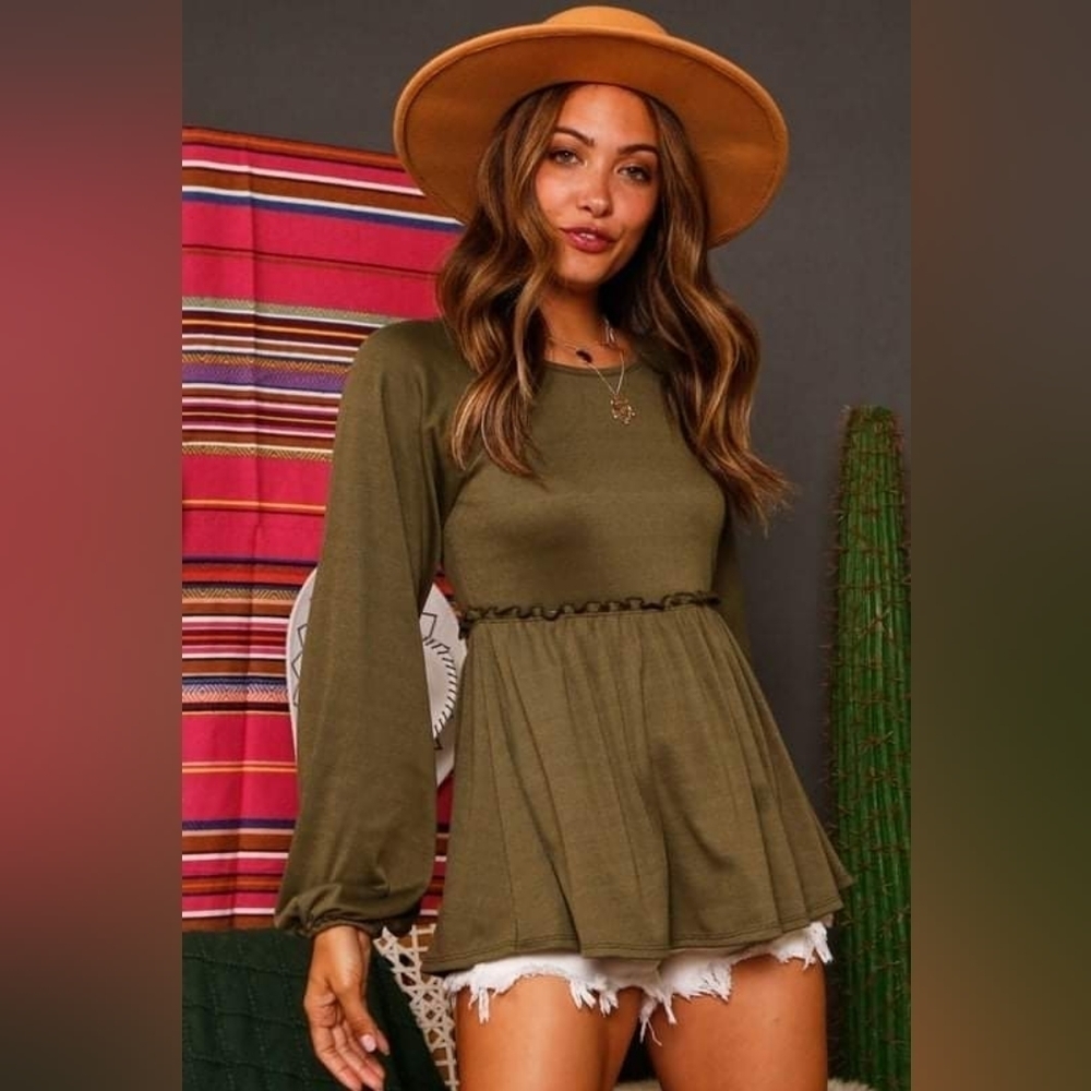 Olivie Green Babydoll Ribbed Knit Top